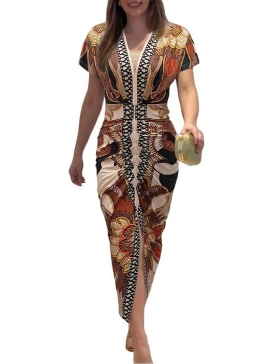 Dresses & Skirts - Women Print Brown Polyester Elastane Floral Print V Neck Slit Bodycon Midi Dress